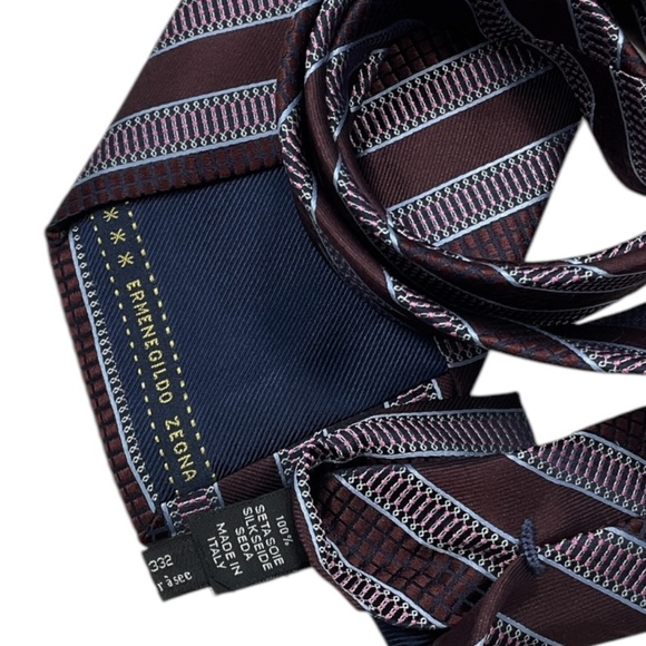 ERMENEGILDO ZEGNA Burgundy Striped Geometric Silk LUXURY Tie ITALY - Picture 3 of 4